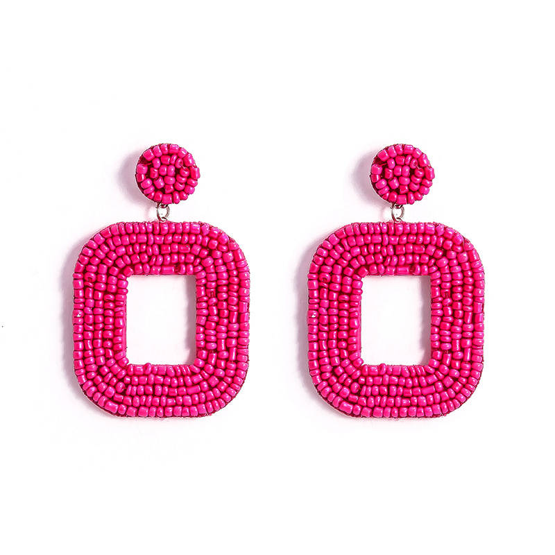 Square Hoop Dangle Beaded Earrings-RoseRed