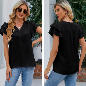 Womens Ruffle Short Sleeve Chiffon Blouses V Neck Solid Color Casual Top-Black