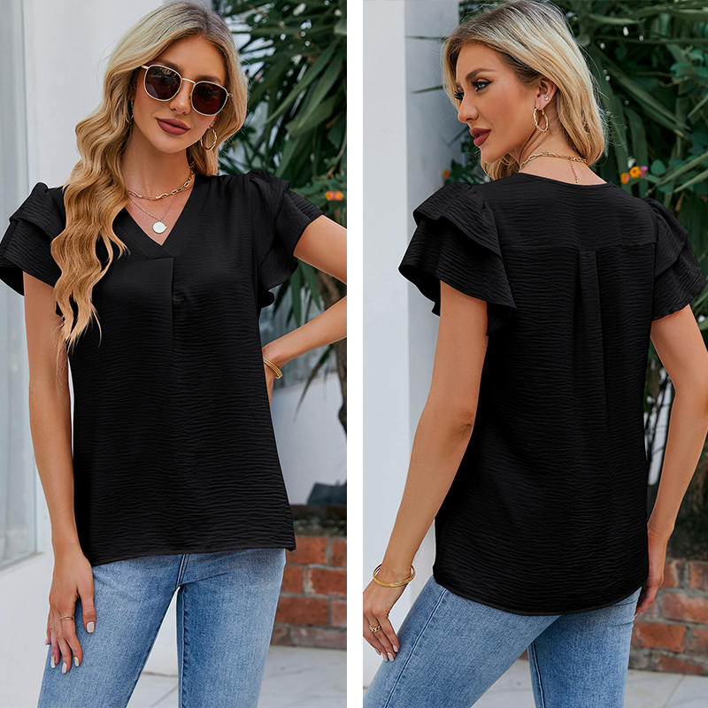 Womens Ruffle Short Sleeve Chiffon Blouses V Neck Solid Color Casual Top-Black