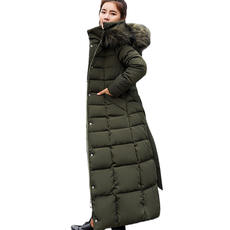 Women Warm Down Jacket with Hood Fur Long Puffer Coat-ArmyGreen