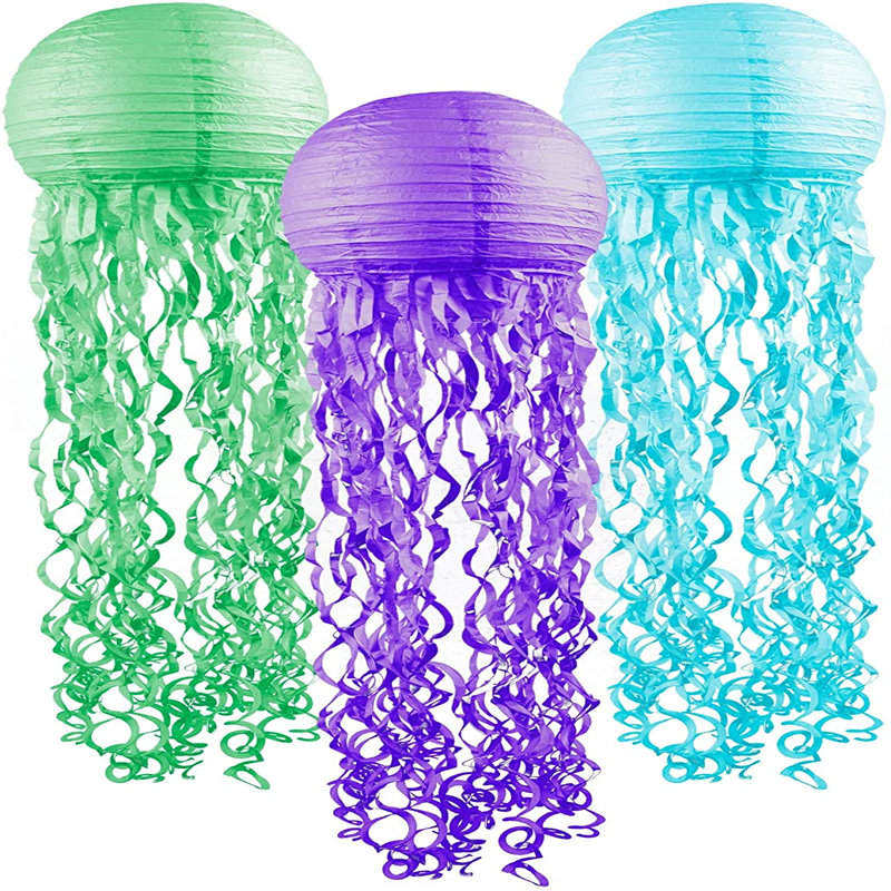 3 Packs Jellyfish Paper Lanterns Mermaid Birthday Party Decorations Easy Setup Room Decor -Purple Green and Blue