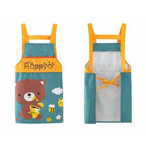 Children Cartoon Waterproof Apron with Sleeve Covers for Painting Cooking-Dark Green Honey Bear