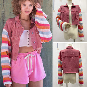 Womens Patchwork Denim Jacket Rainbow Knit Long Sleeve Crop Coat-Red