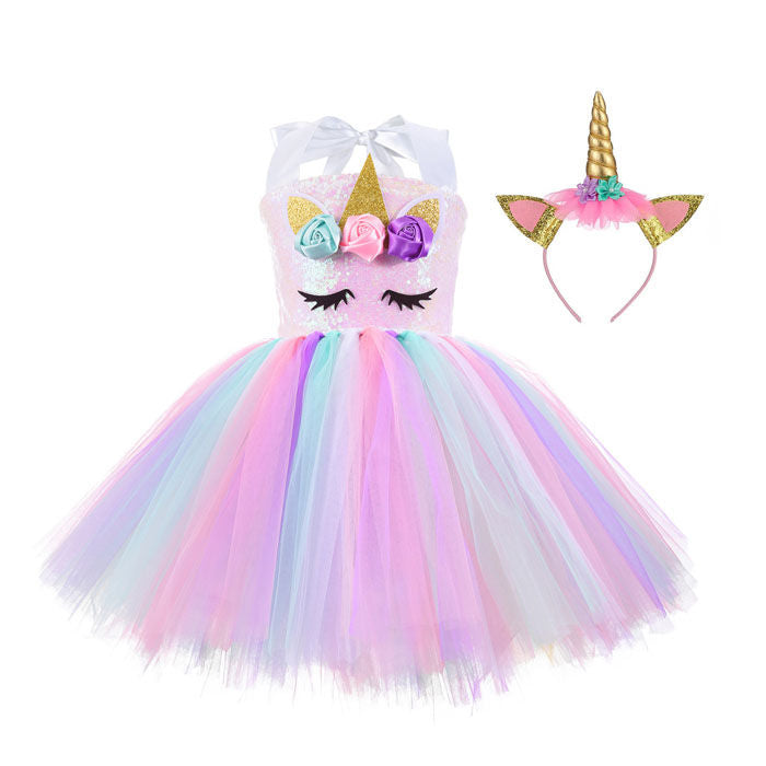 Sequin Unicorn Dress for Girls with Gold Headband Birthday Easter Gifts Dance Dresses-Pink