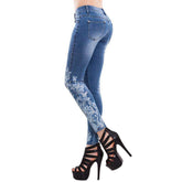 Womens Patchwork Jeans Mid Rise Floral Embroidered Shaping Skinny Pants-LightBlue