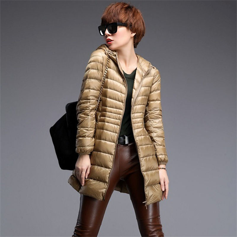 Womens Lightweight Puffer Jacket Hooded Winter Mid Length Coat-Champagne