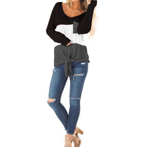 Womens Long Sleeve V-neck Autumn T-shirt Loose Top with Pockets-Black