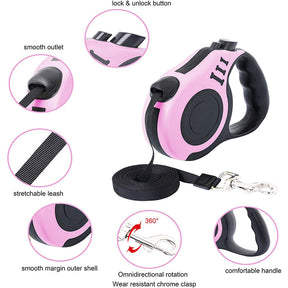 Retractable Dog Leash Lightweight Portative with Folding Bowl Dispenser Waste Bag-Pink