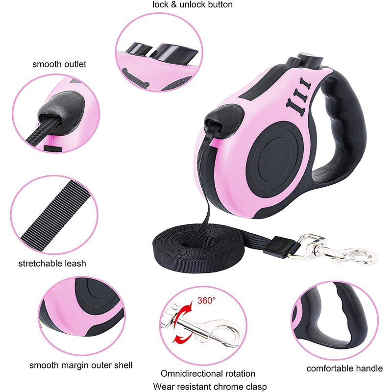 Retractable Dog Leash Lightweight Portative with Folding Bowl Dispenser Waste Bag-Pink