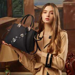 Embroidered Women Top Handle Satchel Fashion Shoulder Bags-Black