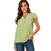 Womens Ruffle Shirts V Neck Short Sleeve Pom Chiffon Blouses Tops-Green