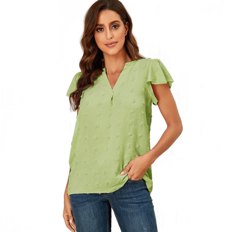 Womens Ruffle Shirts V Neck Short Sleeve Pom Chiffon Blouses Tops-Green