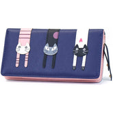 Womens Cute Cat Wallet Bifold Long Coin Purse with Zipper-DarkBlue