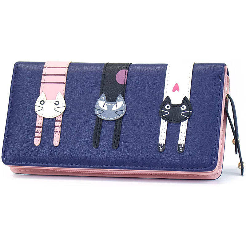 Womens Cute Cat Wallet Bifold Long Coin Purse with Zipper-DarkBlue