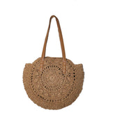 Round Straw Bag Large Woven Summer Beach Tote Handbags for Women Vacation-Khaki