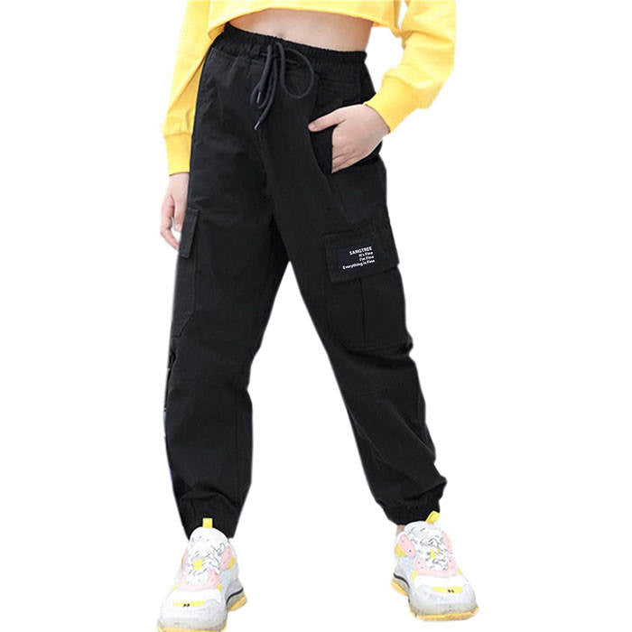 Girls Joggers Long Pants Pockets Outdoor Casual Trousers with Drawstring Multicolor-Black