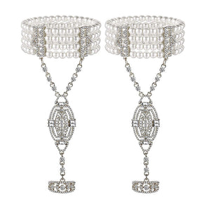2Pcs Pearl Crystal Bracelet Ring All-in-one Chain for Women-Silver