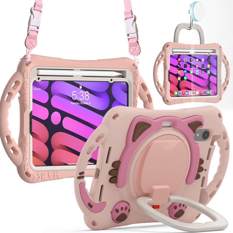 CatB Silicone Case For iPad Mini 6 Shockproof Shoulder Strap Handle Stand-Pink