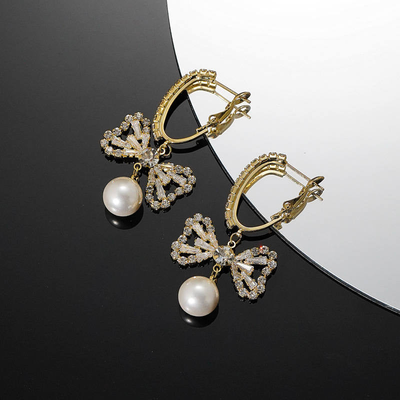 Pair Of Crystal Bow Earrings with Pearl Pendant for Women