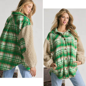 Womens Plaid Jacket Sherpa Patchwork Thickened Oversized Coat-Green