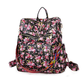 Fashion Backpack Multipurpose Print Leather Travel Shoulder Bag-Flower