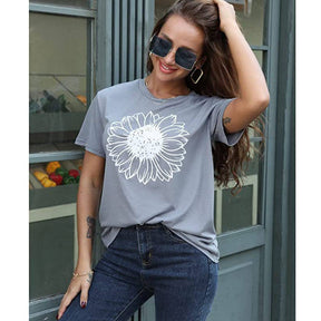 Womens Sunflower Summer Short Sleeve T-shirt Loose Casual Top-Gray