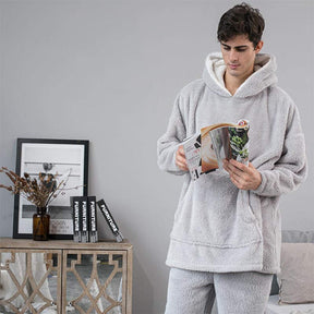 Hooded Pajama Top with Pocket for Unisex-Light Grey