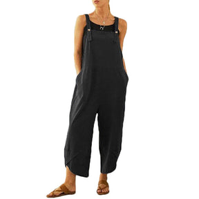 Womens Cotton Adjustable Casual Summer Bib Overalls Jumpsuits with Pockets-Black