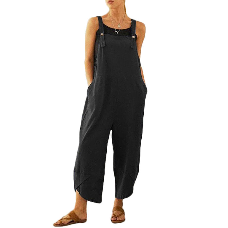 Womens Cotton Adjustable Casual Summer Bib Overalls Jumpsuits with Pockets-Black