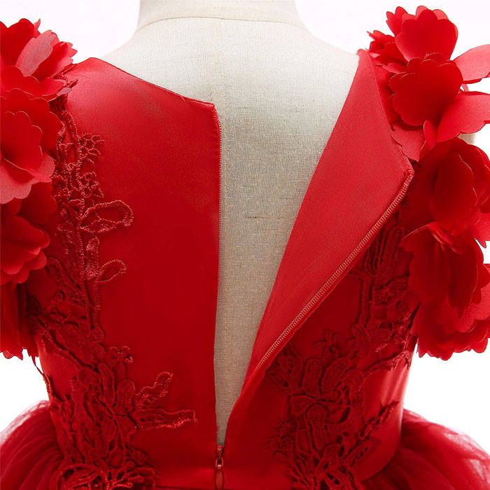Princess Flower Girl Lace Dress Pageant Kids Christmas Party Dresses-Red