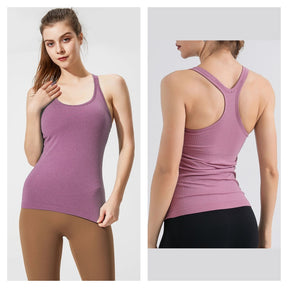 Ribbed Racerback Tank Top with Built in Bra Shockproof for Sports-Pink