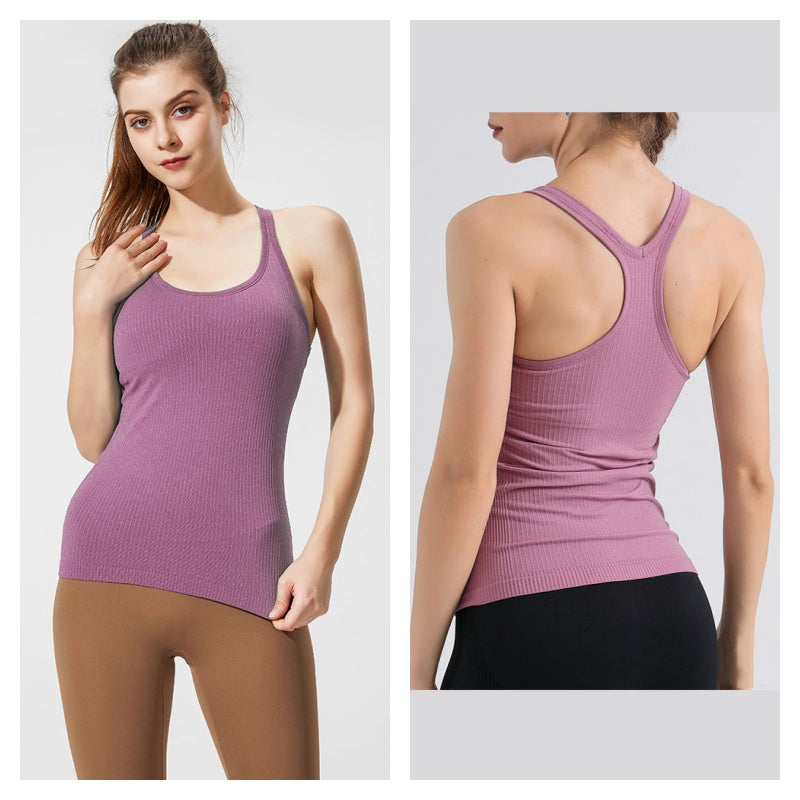 Ribbed Racerback Tank Top with Built in Bra Shockproof for Sports-Pink