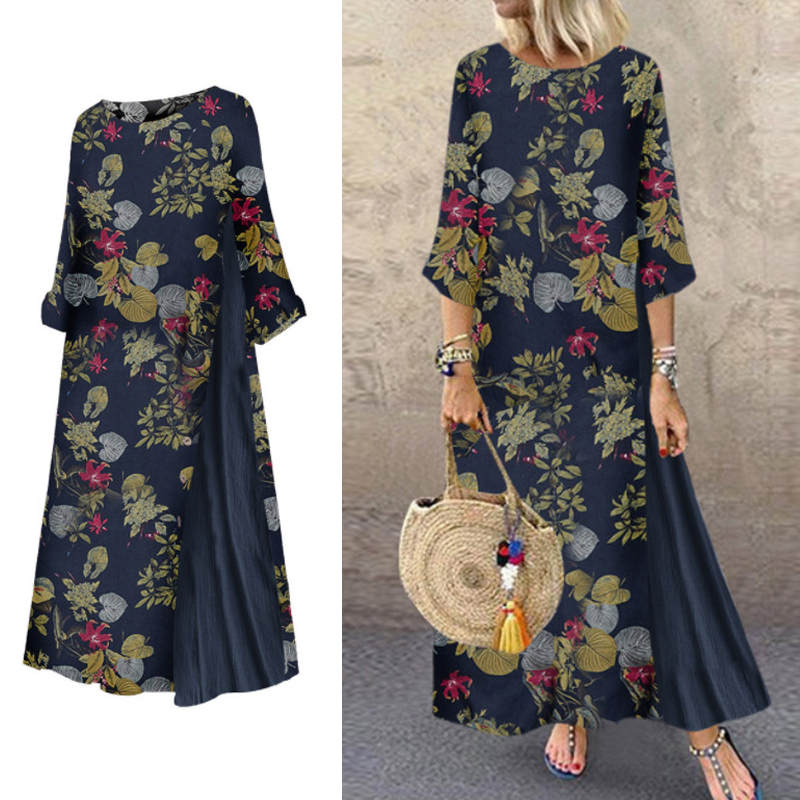 Womens Long Dress 3/4 Sleeve Flowy Floral Casual Dress for Summer-Navy Blue