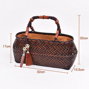 Retro Womens Bamboo Handbag Handmade Large Tote Bag Wicker Basket Bag With Ornaments