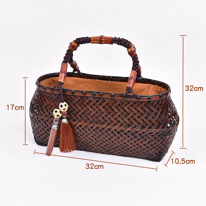 Retro Womens Bamboo Handbag Handmade Large Tote Bag Wicker Basket Bag With Ornaments