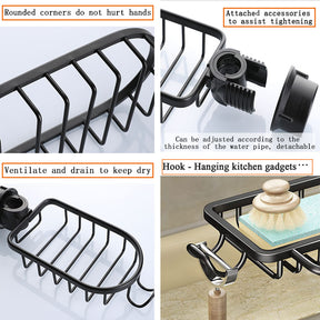 Faucet Sponge Holder Rustproof Sink Caddy for Dishcloth-Black with Rod
