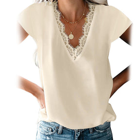 Womens Lace V Neck Blouse Solid Color Summer Lightweight Casual Chiffon Shirt-Apricot