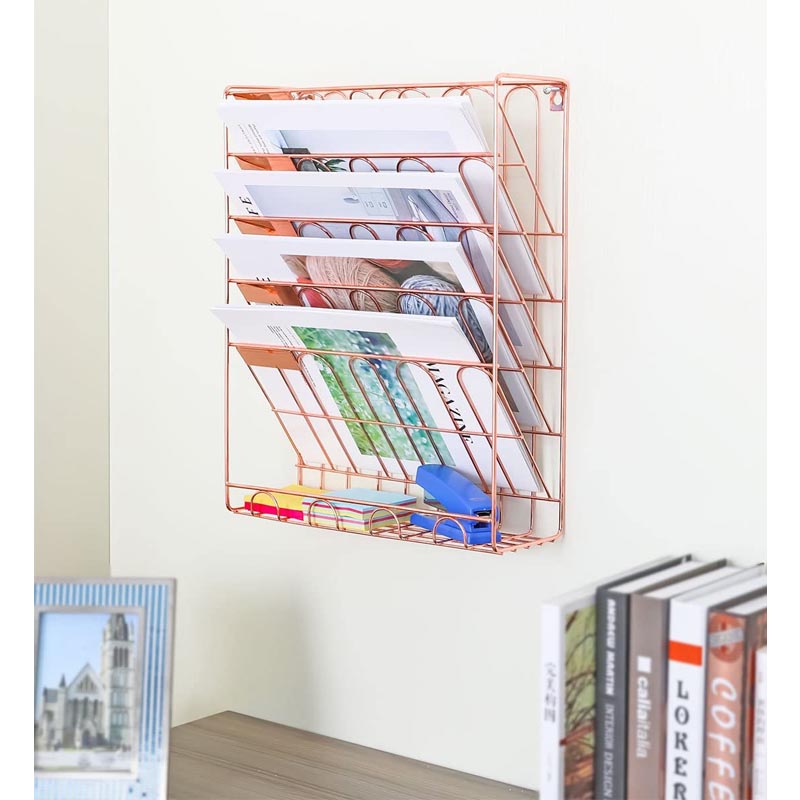 Hanging File Organizer6 Tier Wall Mount Document Letter Tray File Organizer for Home and Office -Rose Gold