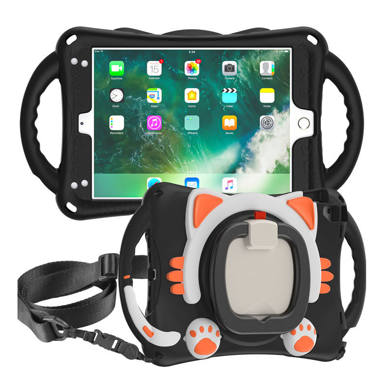 CatB Silicone Case For iPad Pro 9.7 inch Air1/2 Shockproof Shoulder Strap Handle Stand-Black Orange