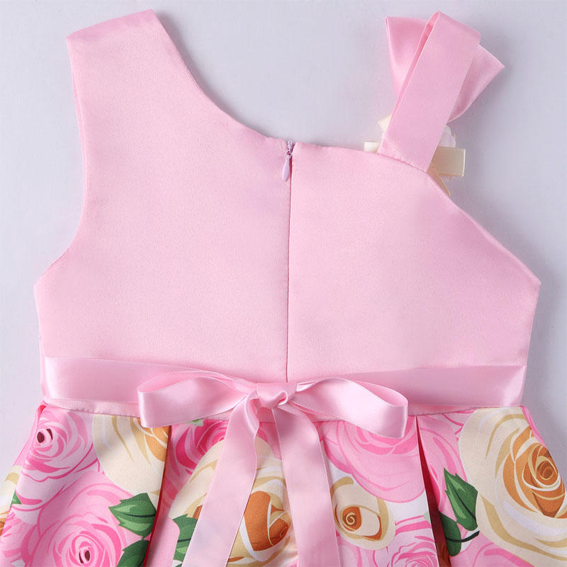 Oblique Shoulder Childrens Dress Rose Print Dress Girls Evening Party Costume-Glitter