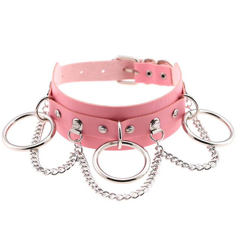 Pu Leather Choker with Black Punk Rock Rivet Collar-Pink