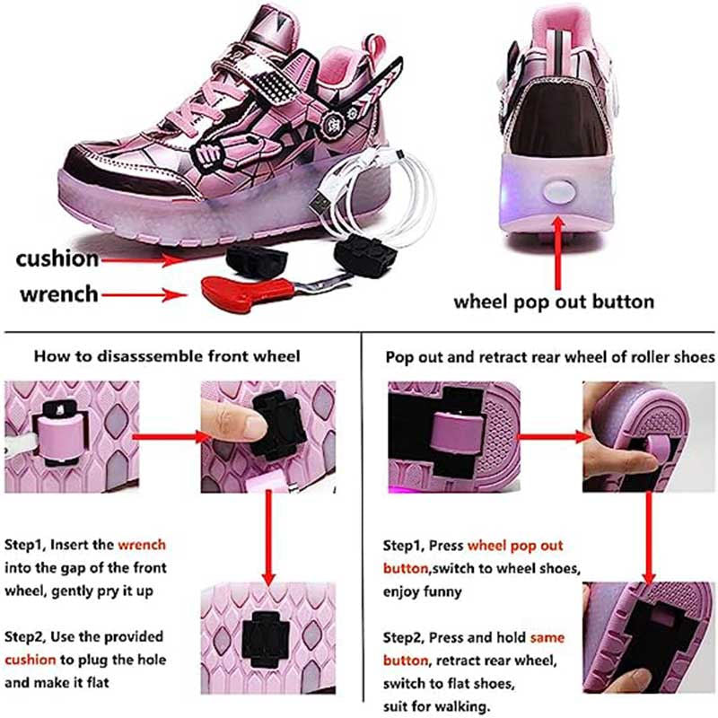 Rechargeable LED Light Shoes Roller Skates for Kids-2166 Pink