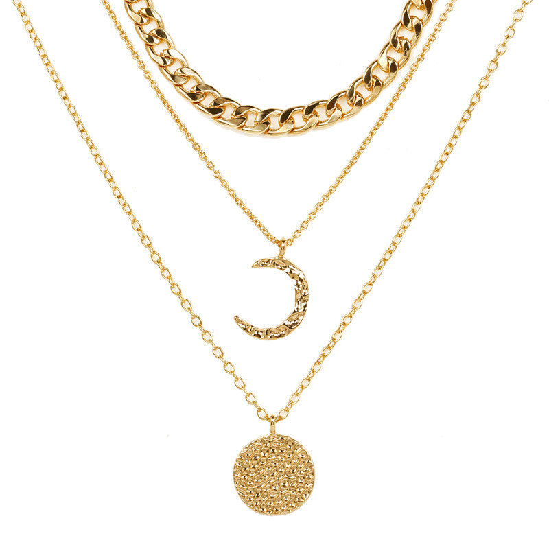 Sun and Moon Pendant Multilayer Necklace For Womens-Gold