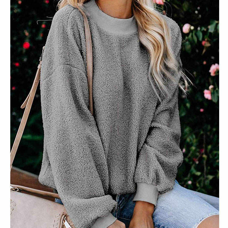 Womens Plush Sweater Casual Round Neck Sweatshirt Pullover-Gray