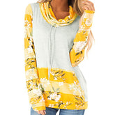 Womens Striped Floral Stack Neck Sweatshirt with Pockets-Yellow