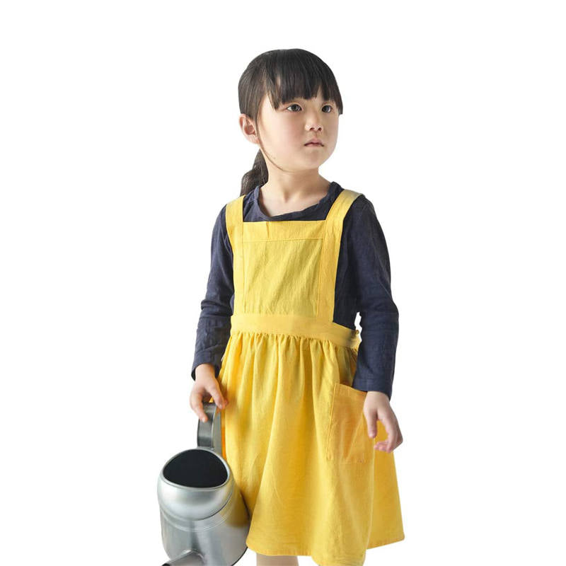 Girls Linen Cotton Apron Adjustable Bib for Cooking Painting-Yellow