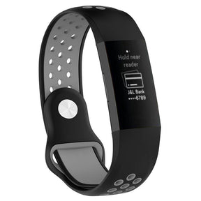 Double Color Porous Breathable Watch Band Silicone Wristband For Fitbit Charge 3 Sport Smartwatch -Black Gray