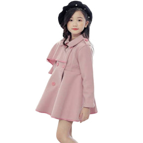 Girls Woolen Long Coat Jacket Autumn Winter Warm Trench England Style-Pink