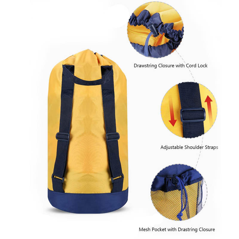 Backpack Laundry Bag With Shoulder Straps And Mesh Pocket Durable Nylon Clothes Bag for College Travel Laundromat -Yellow