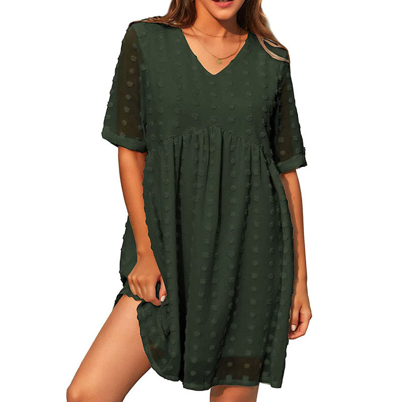 Womens Summer Short Sleeve V-neck Dress Swiss Dot A Line Dresses-Green